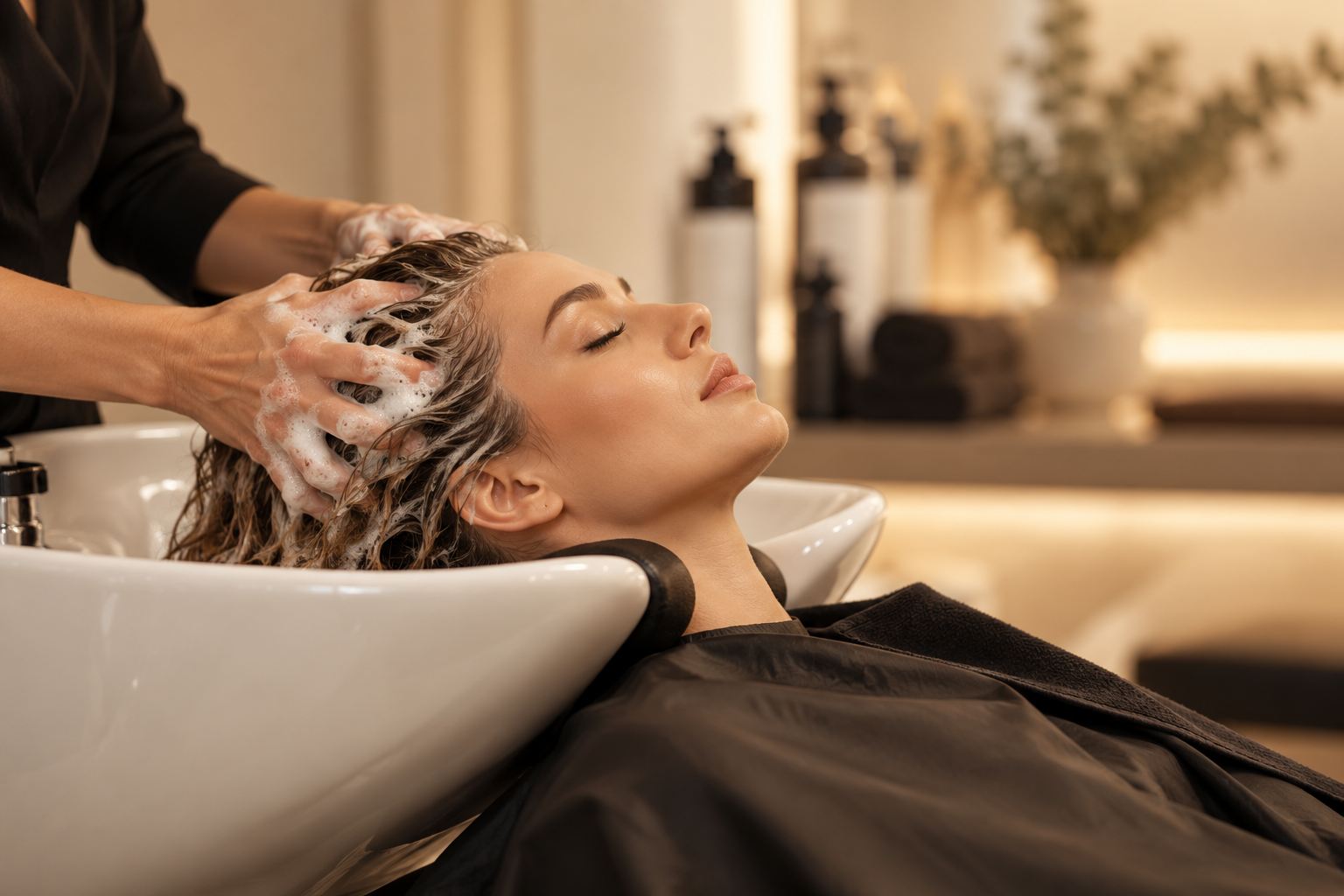 Kundin entspannt bei der Haarwäsche im Salon